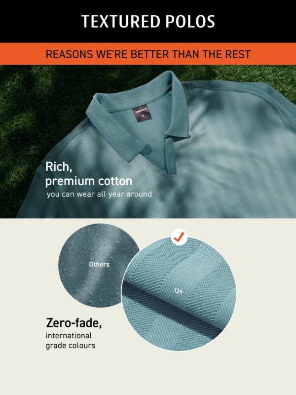 DAMENSCH Men's Statement Textured Regular Fit Polo T-Shirts | Premium Cotton, Herringbone Texture, Johnny Collar - Image 3