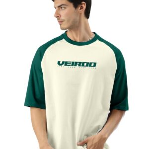 Veirdo® 100% Pure Cotton Oversized Loose Baggy Fit Drop Shoulder Round Neck Cool Front Chest Typographic Logo Printed Raglan Sleeve T-Shirt for Men (Colors: White, Black, Swanwhite, Beige & Grey)