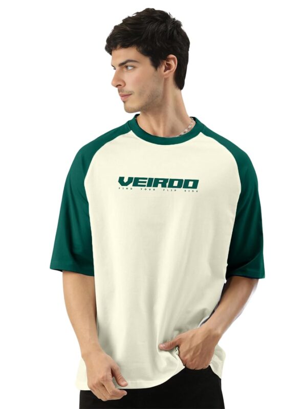 Veirdo® 100% Pure Cotton Oversized Loose Baggy Fit Drop Shoulder Round Neck Cool Front Chest Typographic Logo Printed Raglan Sleeve T-Shirt for Men (Colors: White, Black, Swanwhite, Beige & Grey)