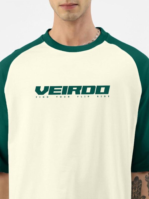 Veirdo® 100% Pure Cotton Oversized Loose Baggy Fit Drop Shoulder Round Neck Cool Front Chest Typographic Logo Printed Raglan Sleeve T-Shirt for Men (Colors: White, Black, Swanwhite, Beige & Grey) - Image 5