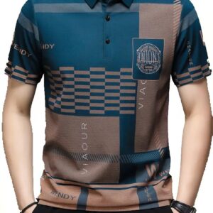 Men's Irregular Geometric Pattern and Alphabet Print Sports Collar Tshirt (Rizim Temu Print Polo-Blue)