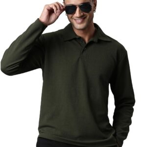 LEWEL Men's Stylish Textured Full Sleeve Polo T-Shirt (Olive Green)