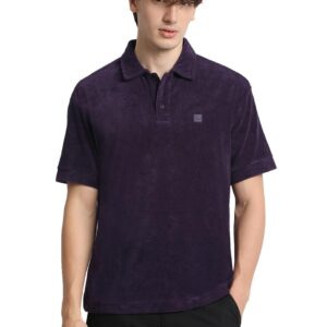 THE BEAR HOUSE Men's Purple Drop Shoulder Relaxed Fit Polo Neck T-Shirt