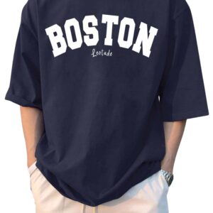 LEOTUDE Man Cotton Blend Graphic Print Round Neck Half Sleeve Drop Shoulder Oversized T Shirt (Color Navy Blue)