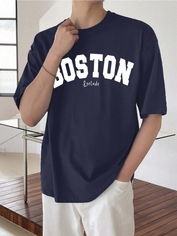 LEOTUDE Man Cotton Blend Graphic Print Round Neck Half Sleeve Drop Shoulder Oversized T Shirt (Color Navy Blue) - Image 2