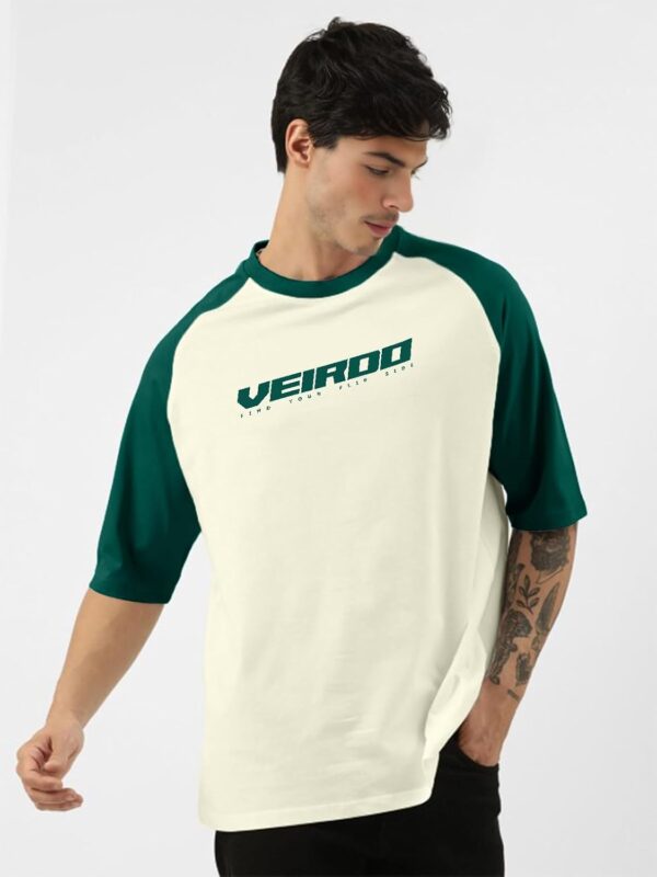 Veirdo® 100% Pure Cotton Oversized Loose Baggy Fit Drop Shoulder Round Neck Cool Front Chest Typographic Logo Printed Raglan Sleeve T-Shirt for Men (Colors: White, Black, Swanwhite, Beige & Grey) - Image 6