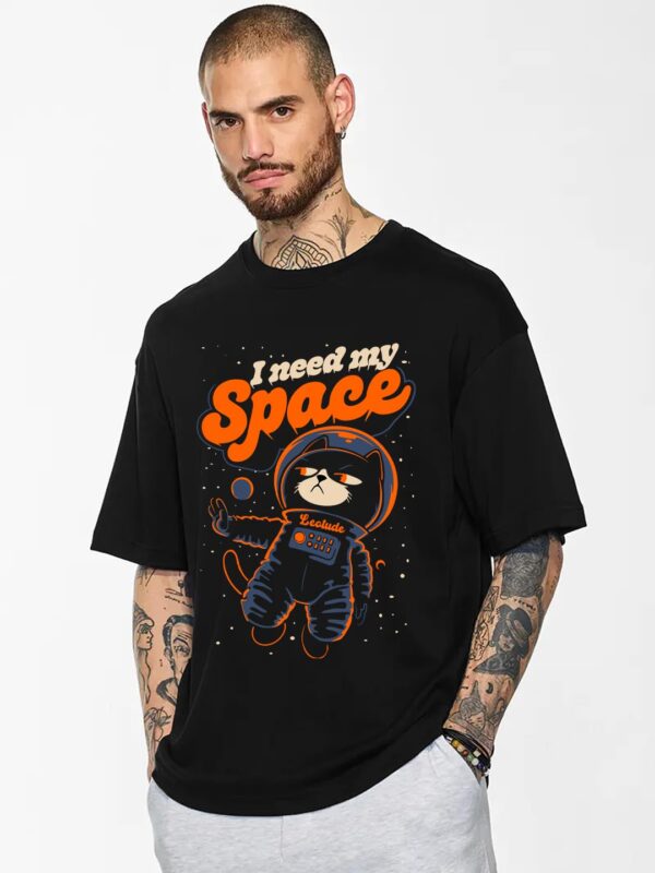 LEOTUDE Half Sleeve Oversized Cottonblend Round Neck Drop Shoulder Printed Men's T-Shirt (Color Black) - Image 2