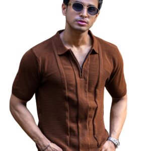 Maniac || Mens || Textured || Half Zipper || Half Sleeve || Polo Neck || Slim Fit || T-Shirt