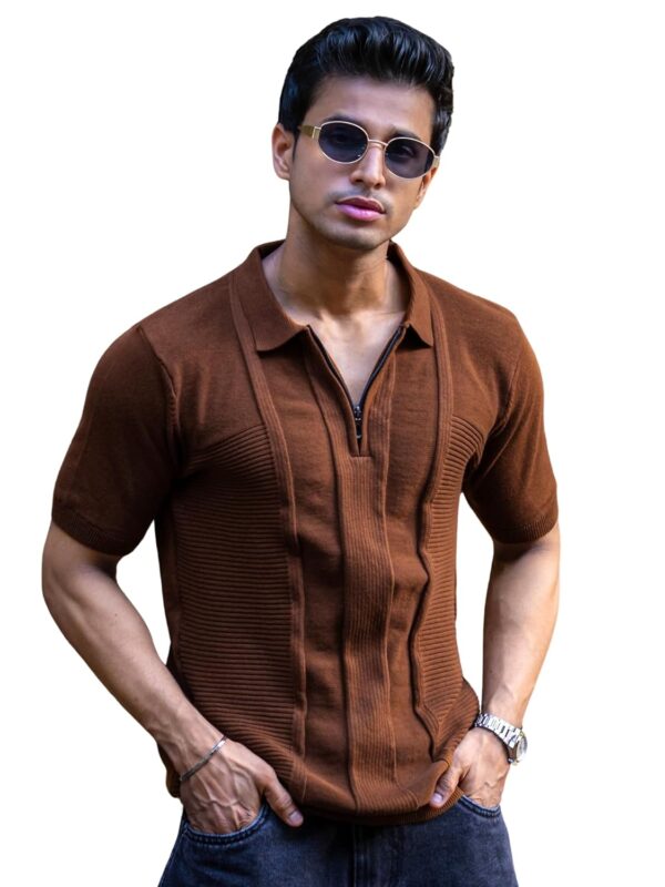 Maniac || Mens || Textured || Half Zipper || Half Sleeve || Polo Neck || Slim Fit || T-Shirt