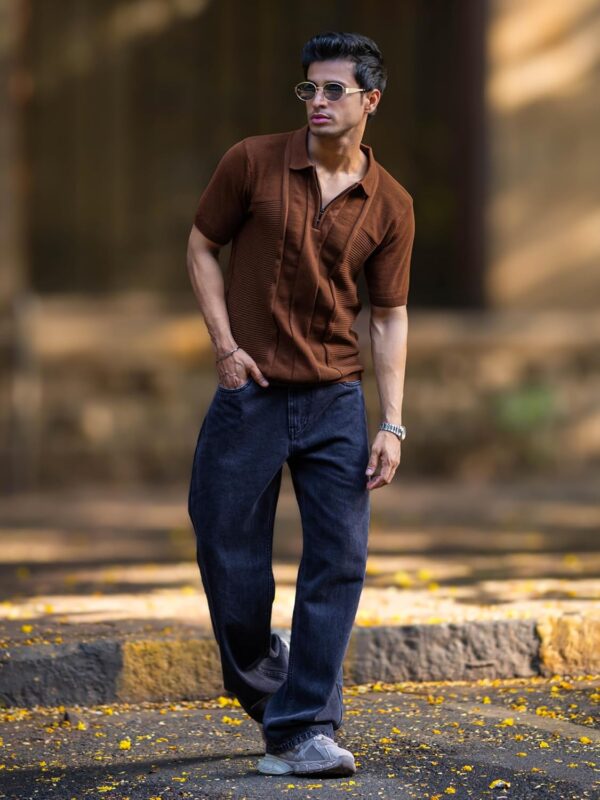 Maniac || Mens || Textured || Half Zipper || Half Sleeve || Polo Neck || Slim Fit || T-Shirt - Image 6