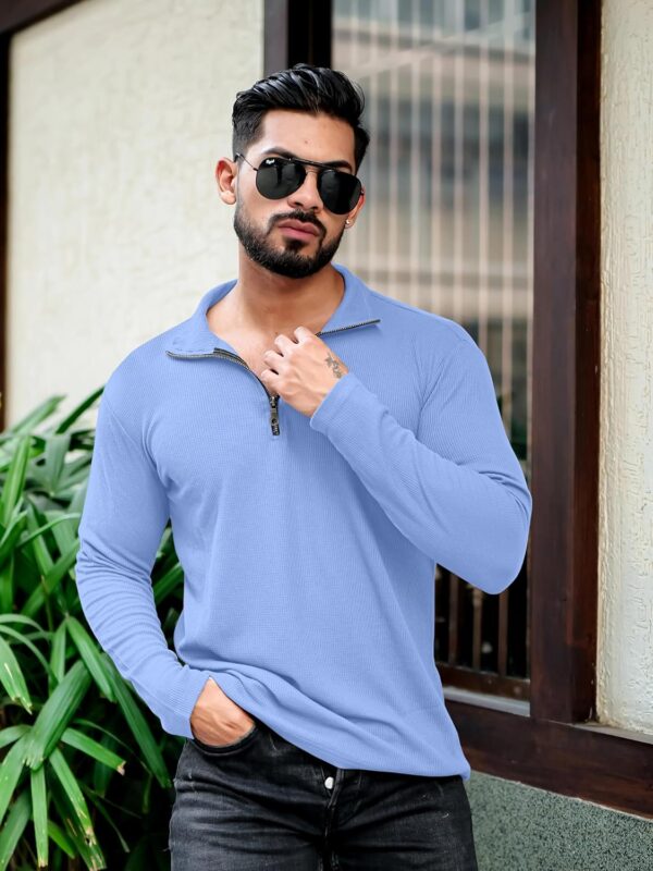 KAJARU Men's Polyester Blend T Shirt with Spread Collar Neck Line Zipper Closure Full Sleeves Solid Pattern Regular Fit and Standard Length - Image 6