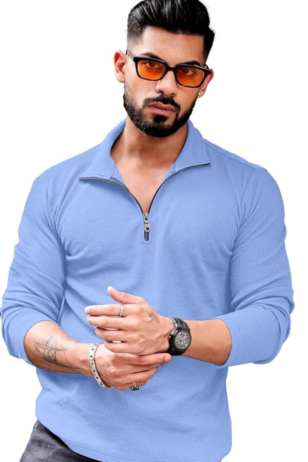 KAJARU Men's Polyester Blend T Shirt with Spread Collar Neck Line Zipper Closure Full Sleeves Solid Pattern Regular Fit and Standard Length