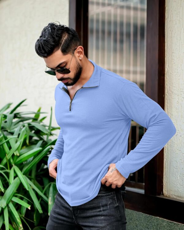 KAJARU Men's Polyester Blend T Shirt with Spread Collar Neck Line Zipper Closure Full Sleeves Solid Pattern Regular Fit and Standard Length - Image 8