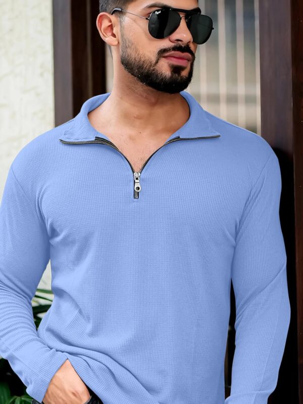 KAJARU Men's Polyester Blend T Shirt with Spread Collar Neck Line Zipper Closure Full Sleeves Solid Pattern Regular Fit and Standard Length - Image 2