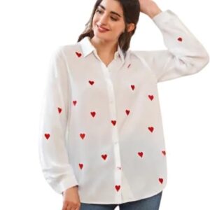 ROYALICA Women's Regular Fit Red Heart Printed Button Down Collar Casual White Shirt.