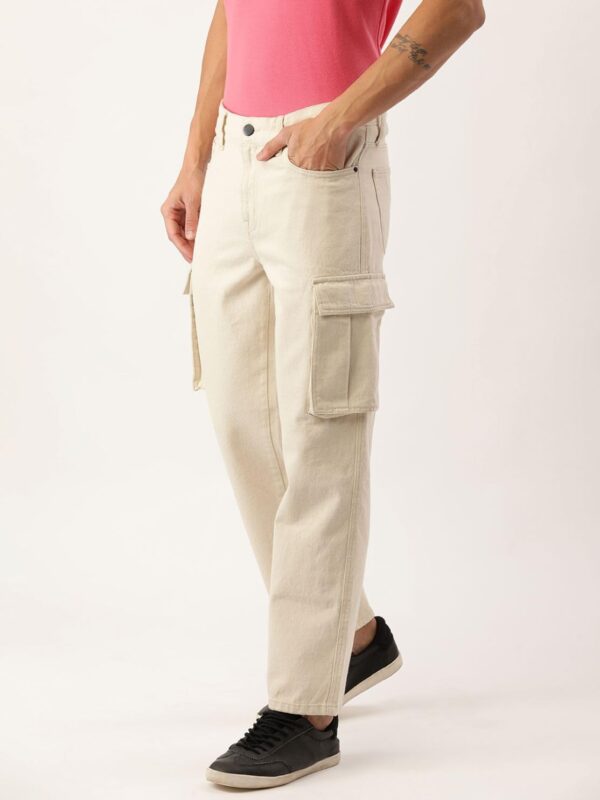 BENE KLEED Men's Cotton Button-and-Zip Relaxed fit Cargo Denim Trouser with Baggy Utility Pockets (Ecru_34 Size) - Image 3