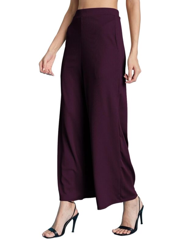 Selvia Women's Solid Ribbed Lycra Elastic Regular Fit Wide-Leg Trouser