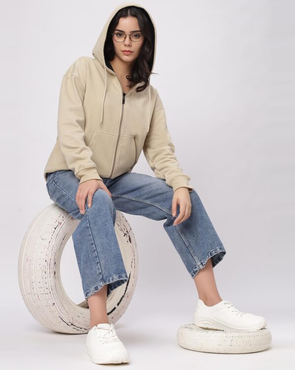 BE SAVAGE Solid Drop Shoulder Hooded Neck Long Sleeves Baggy Hoodie Winter Wear Zipper Jacket for Women's - Image 4