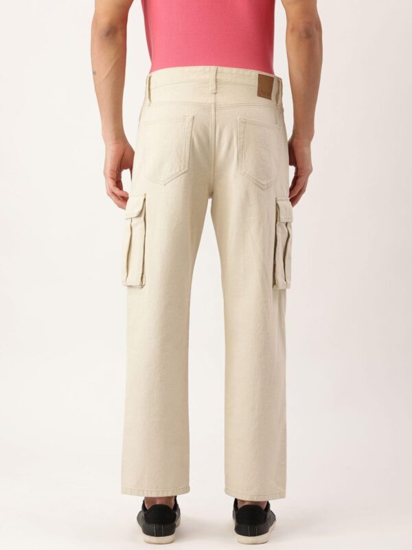 BENE KLEED Men's Cotton Button-and-Zip Relaxed fit Cargo Denim Trouser with Baggy Utility Pockets (Ecru_34 Size) - Image 2
