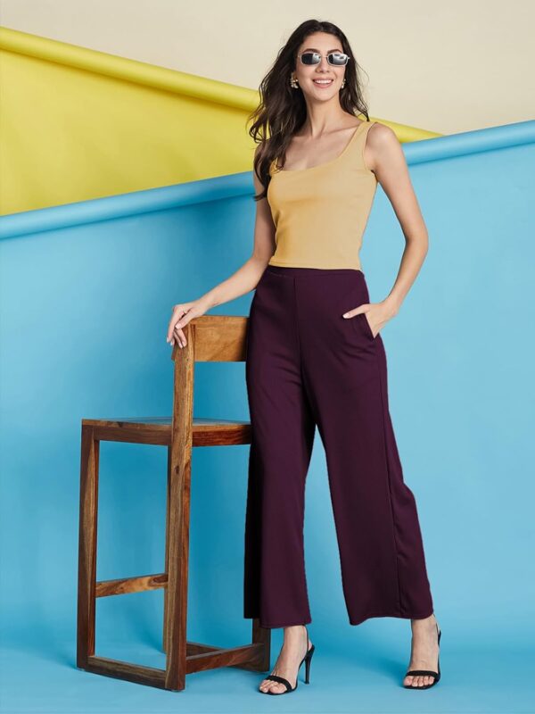 Selvia Women's Solid Ribbed Lycra Elastic Regular Fit Wide-Leg Trouser - Image 2