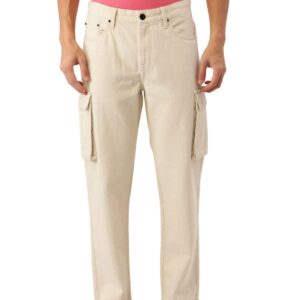 BENE KLEED Men's Cotton Button-and-Zip Relaxed fit Cargo Denim Trouser with Baggy Utility Pockets (Ecru_34 Size)