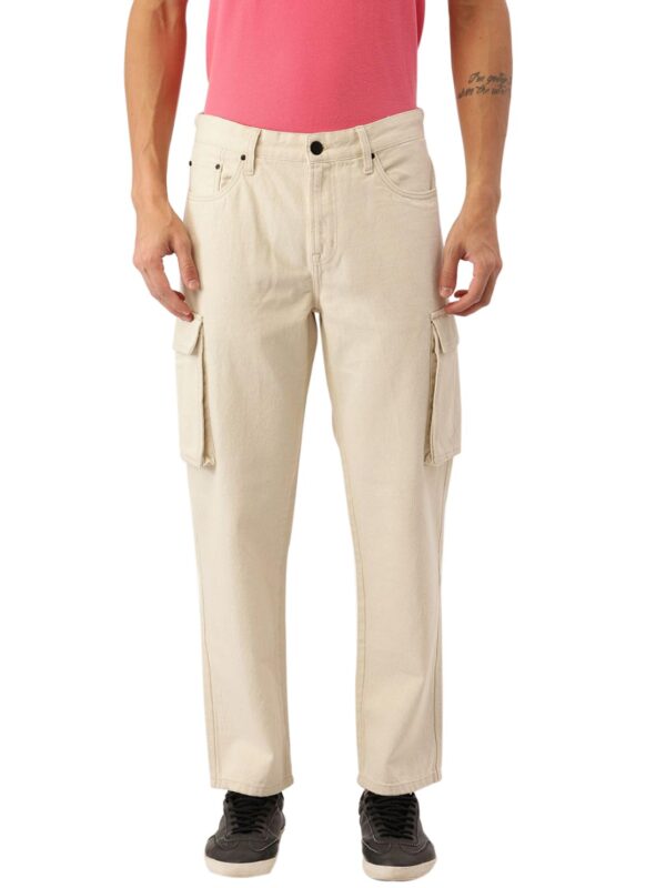 BENE KLEED Men's Cotton Button-and-Zip Relaxed fit Cargo Denim Trouser with Baggy Utility Pockets (Ecru_34 Size)