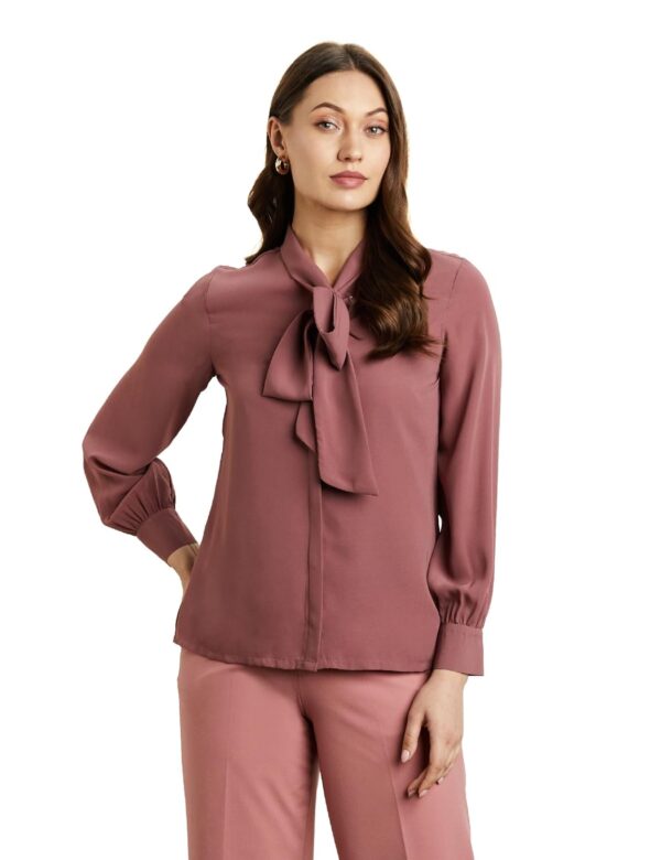 Symbol Premium Women's Solid Desk-to-Dinner' Bow Tie Top (Regular Fit)