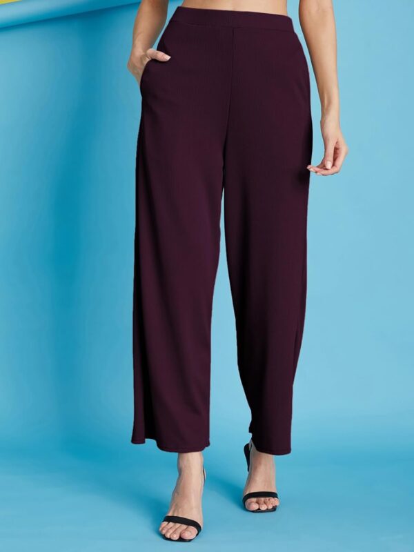 Selvia Women's Solid Ribbed Lycra Elastic Regular Fit Wide-Leg Trouser - Image 4