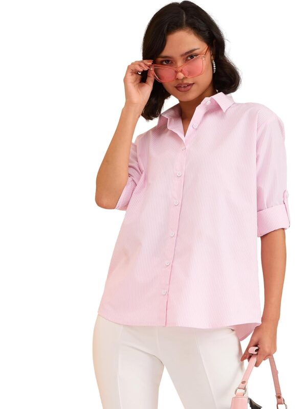 barcino Beige Striped Roll Up Sleeves Shirt