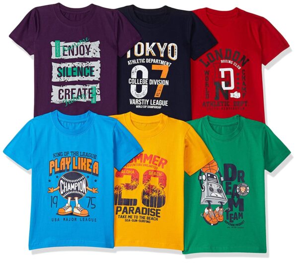 T2F Boy's Cotton Printed Regular Fit T-Shirt (Pack of 6)