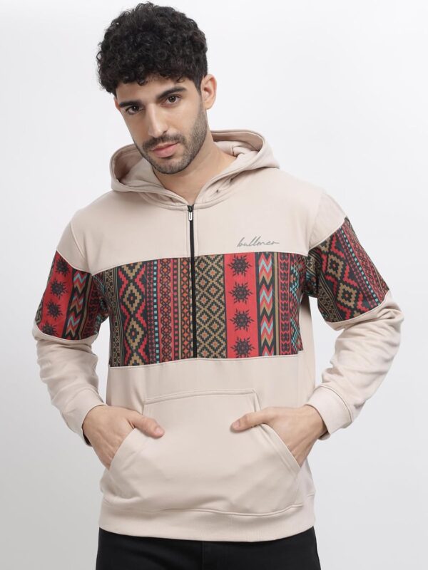 BULLMER Grey Melange Trendy Colourblock Fleece Hoodie Sweatshirt for Men - Image 2