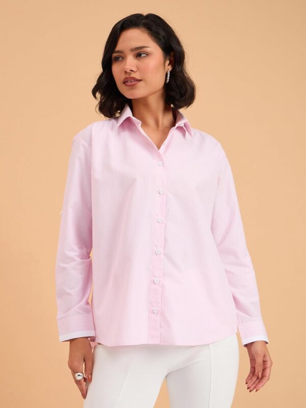 barcino Beige Striped Roll Up Sleeves Shirt - Image 6
