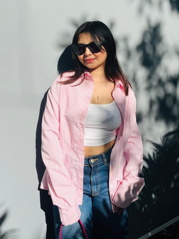 Women’s Pink Striped Shirt | Elegant Button Down Shirt for Women | Stylish Casual & Office Wear Top - Image 2