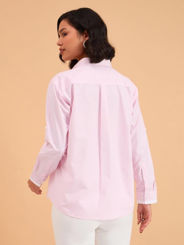 barcino Beige Striped Roll Up Sleeves Shirt - Image 5