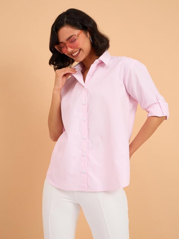 barcino Beige Striped Roll Up Sleeves Shirt - Image 7