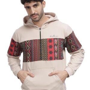 BULLMER Grey Melange Trendy Colourblock Fleece Hoodie Sweatshirt for Men