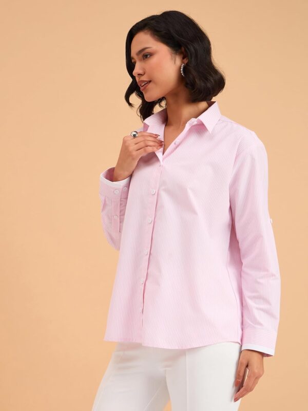 barcino Beige Striped Roll Up Sleeves Shirt - Image 3
