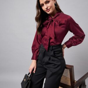Style Quotient Women Solid Maroon Satin Tie up Regular Formal Shirt