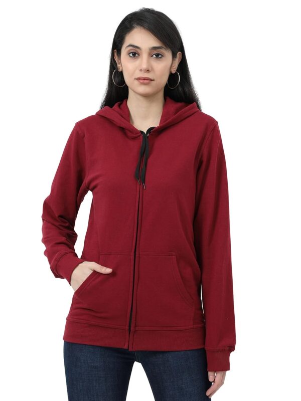 Wafaa Women's Cotton Plain Hooded Neck Full Zipper Sweatshirt Hoodies with Kangaroo Pocket