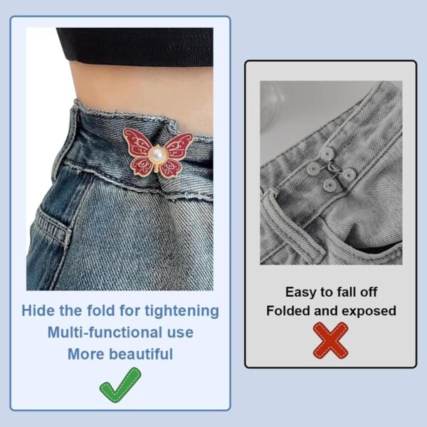 VAMA 5 Set Adjustable Waist Tightener Clips for Jeans Detachable Jean Buttons with Butterfly Design, No Sew Tools Waist Buckle Extender for Loose Pants, Reusable Jean Button Pins for Girls & Women - Image 5