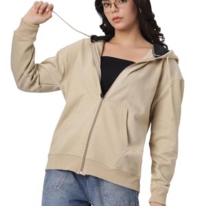 BE SAVAGE Solid Drop Shoulder Hooded Neck Long Sleeves Baggy Hoodie Winter Wear Zipper Jacket for Women's