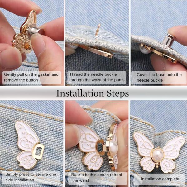 VAMA 5 Set Adjustable Waist Tightener Clips for Jeans Detachable Jean Buttons with Butterfly Design, No Sew Tools Waist Buckle Extender for Loose Pants, Reusable Jean Button Pins for Girls & Women - Image 6