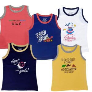 Totz Touch Boys Regular Fit Sleeveless T Shirt / Tees / Vest / Baniyan | Pure Cotton 180 Gsm | Kids Casual Round Collar Tshirts (Pack 5 | Size Options – 0-6 Months / 12-24 Months / 2-3 Years / 3-4 Years / 4-5 Years)