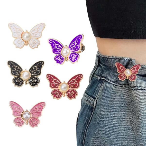 VAMA 5 Set Adjustable Waist Tightener Clips for Jeans Detachable Jean Buttons with Butterfly Design, No Sew Tools Waist Buckle Extender for Loose Pants, Reusable Jean Button Pins for Girls & Women
