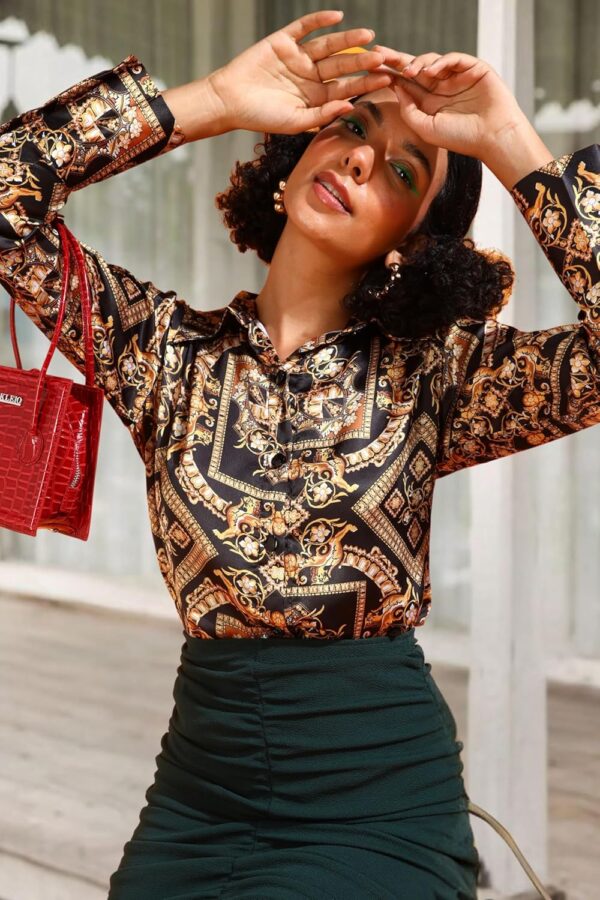 POPWINGS Printed Full-Sleeves Regular-Fit Satin Printed Shirt for Women Stylish Western Casual Wear - Image 3