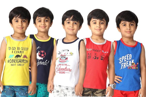 Totz Touch Boys Regular Fit Sleeveless T Shirt / Tees / Vest / Baniyan | Pure Cotton 180 Gsm | Kids Casual Round Collar Tshirts (Pack 5 | Size Options – 0-6 Months / 12-24 Months / 2-3 Years / 3-4 Years / 4-5 Years) - Image 2